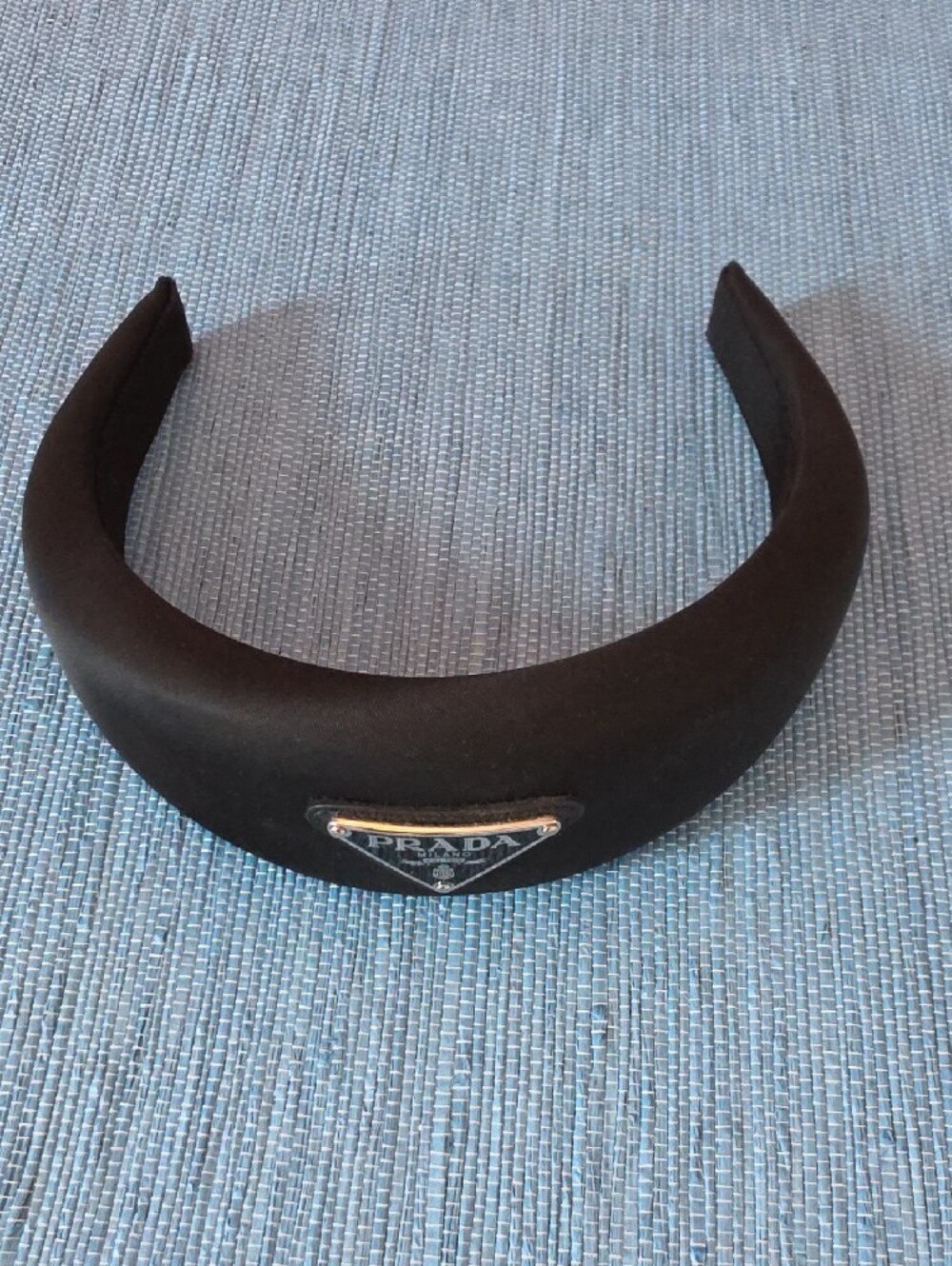 Prada Black Headband with Silver Logo Plaque